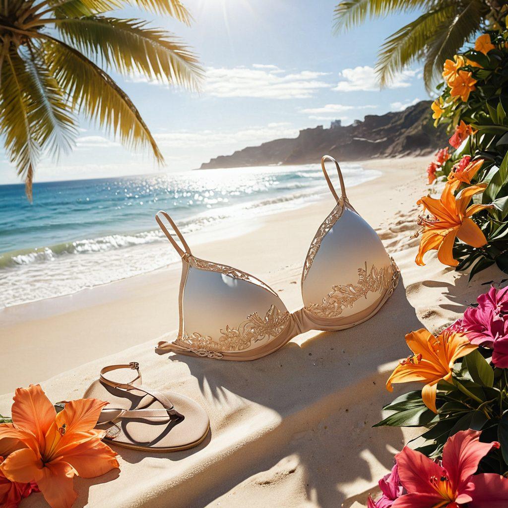 A stylish summer scene featuring a variety of elegant lingerie, including a tanga and thong, artfully displayed on a sunlit beach with gentle waves in the background. Include vibrant tropical flowers and soft fabrics fluttering in the breeze, emphasizing luxury and comfort. Warm colors and shimmering sunlight to evoke a sense of summer allure. super-realistic. vibrant colors. sunny beach setting.